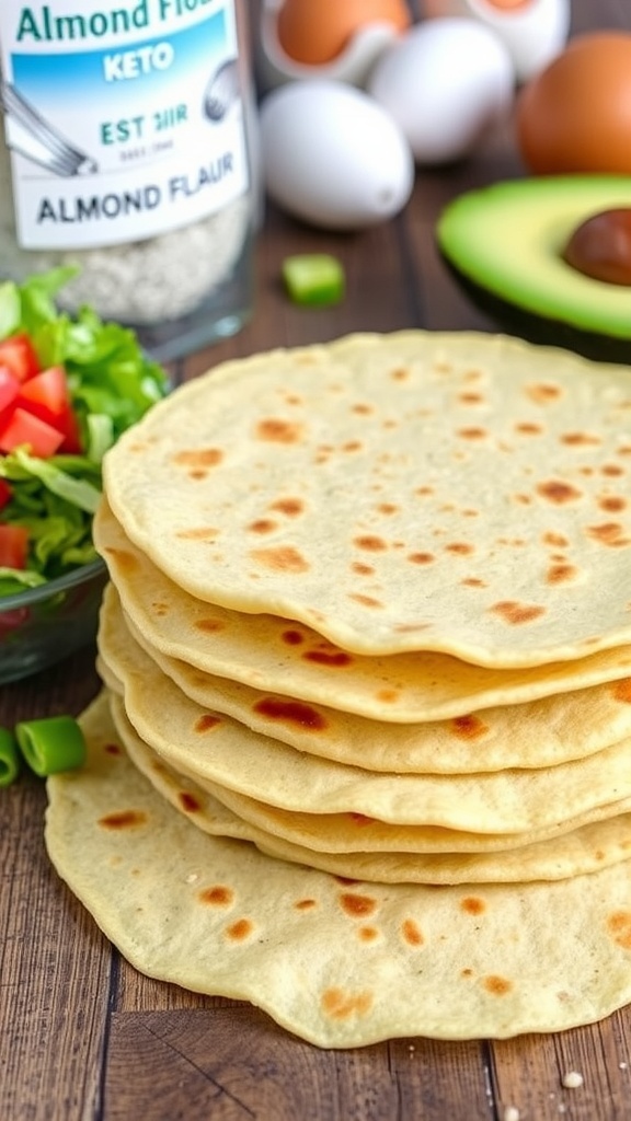 Keto Almond Flour Tortillas Recipe A stack of golden brown keto almond flour tortillas with fresh toppings on a wooden table.